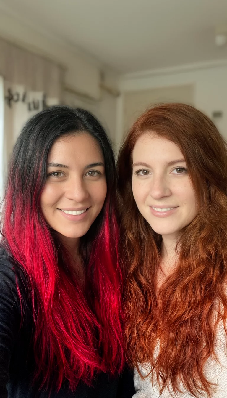 Red Highlights vs Auburn selfie of two 29-year-old women, one with long dark hair with bright red highlights and the other with wavy auburn hair, front view, indoor setting