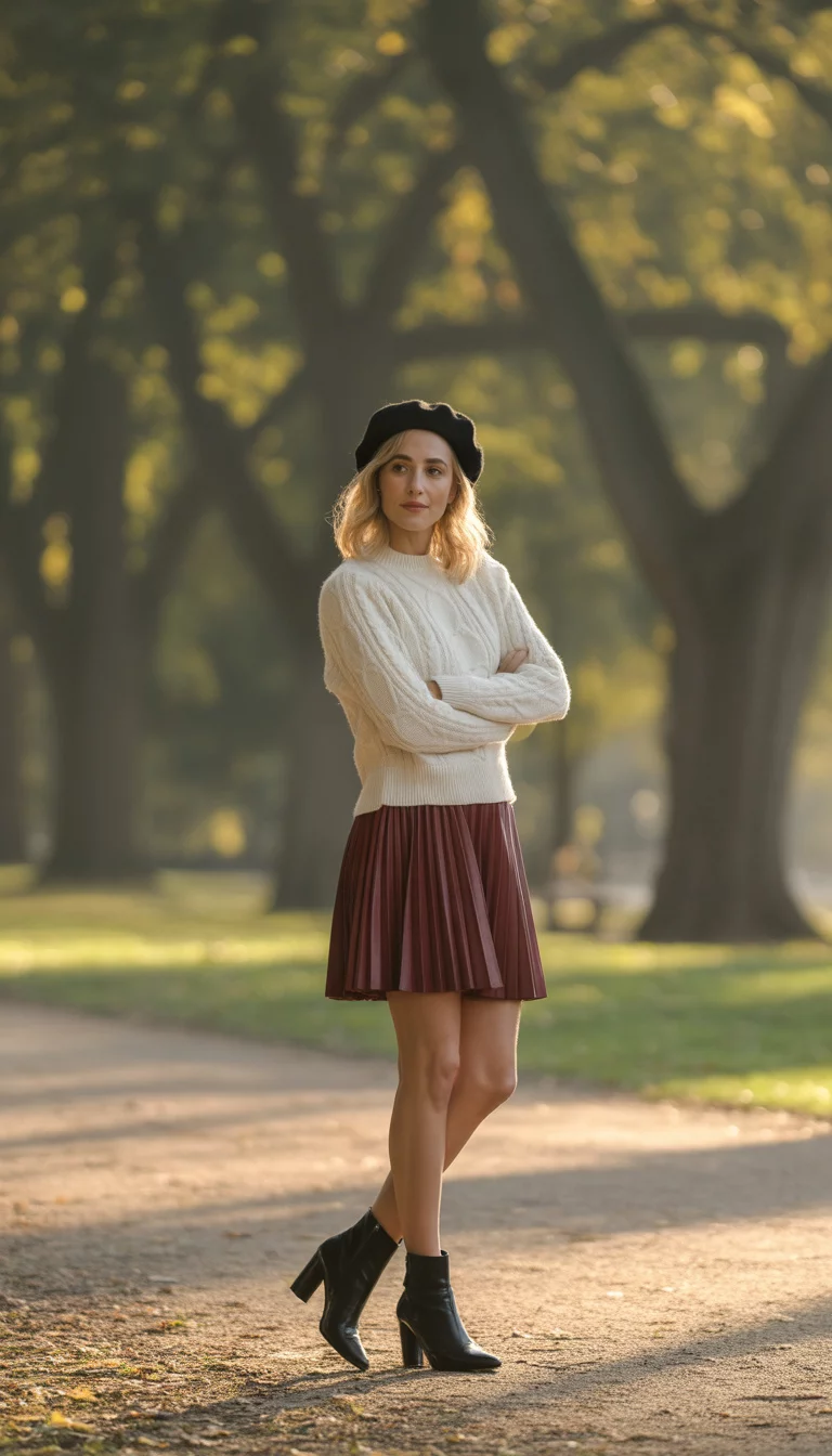 French Inspired Berets And Burgundy Pleats A beautiful 24-year-old woman in a cream cable-knit sweater, a burgundy pleated mini skirt, a black beret, and black heeled ankle boots, poses outdoors.