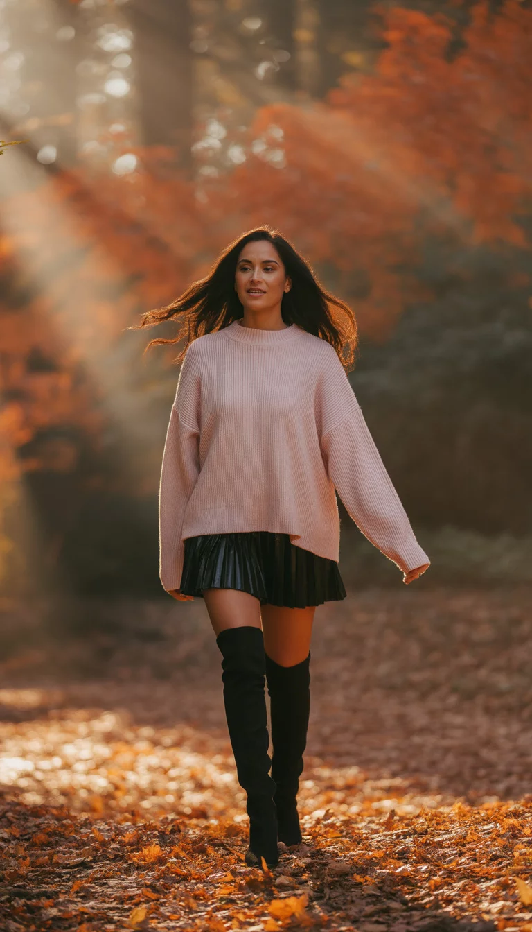 Thigh High Boots And Soft Pinks A beautiful 22-year-old woman in a light pink sweater and a black pleated mini skirt, with thigh-high black boots, walks on a leaf-covered path.