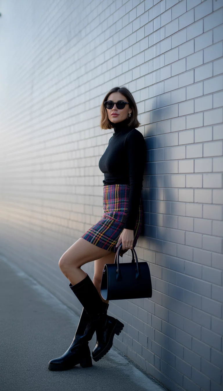 Classic Plaid And Edgy Black Boots A beautiful 28-year-old woman in a black turtleneck, plaid mini skirt, sunglasses, and black boots, carrying a black handbag, stands against a white brick wall.