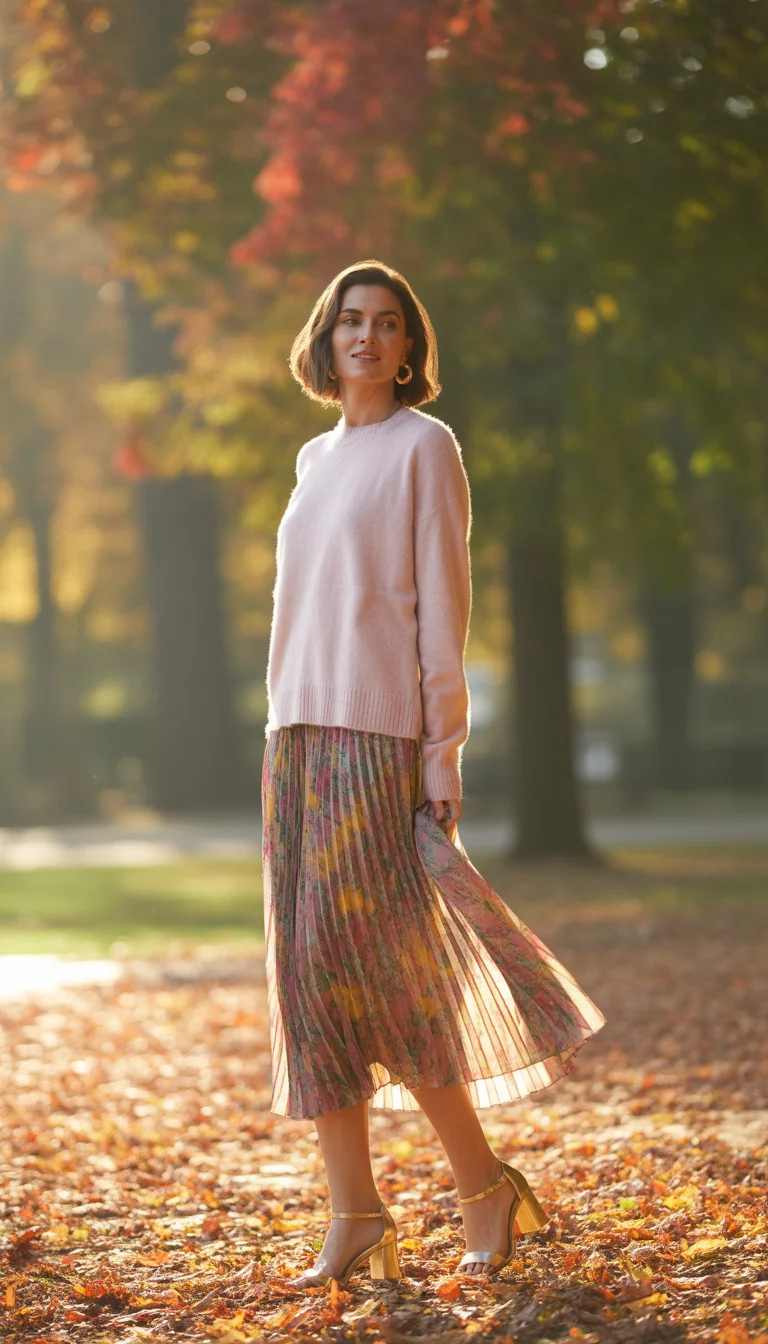 Autumnal Florals And Pink Knits A beautiful 37-year-old woman in a light pink sweater and a colorful floral pleated midi skirt, with gold heeled sandals, stands in an autumn park.