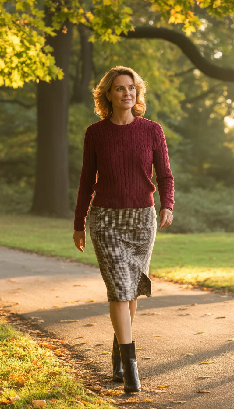 Burgundy Cable Knits And Gingham A beautiful 45-year-old woman in a burgundy cable-knit sweater, a black and white gingham pencil skirt, and black boots, walks on a path in a park.