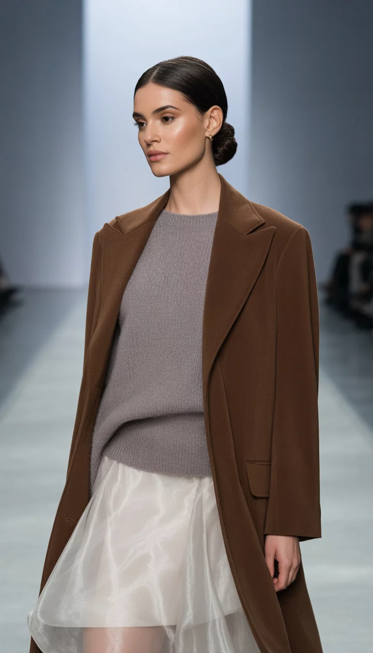 Runway Ready Layers And Organza A beautiful 25-year-old woman in a brown jacket, a grey sweater, and a white organza skirt, showcasing a layered look on a runway.