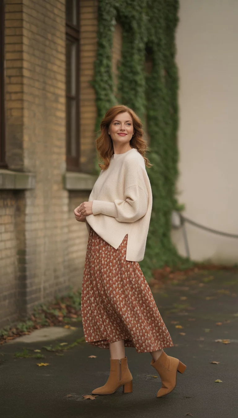 Cozy Creams And Rustic Heart Patterns A beautiful 42-year-old woman in a cream-colored sweater, a rust-colored heart-patterned skirt, and tan ankle boots, stands outside a brick building.