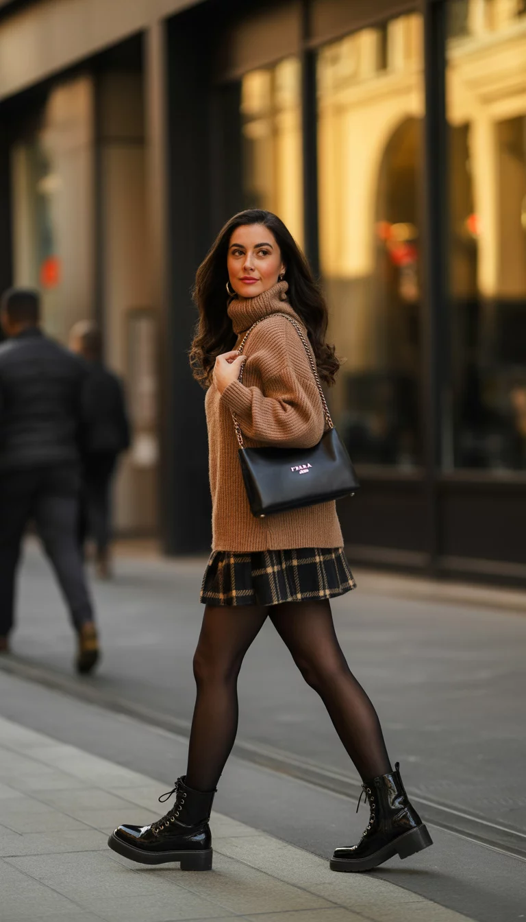 Chunky Knits And Combat Boots A beautiful 29-year-old woman in a tan chunky knit sweater, a plaid mini skirt, black tights, and black combat boots, holding a Prada bag, walks on a sidewalk.