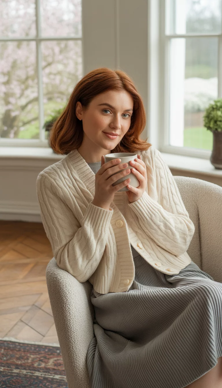 Minimalist Ribbed Midi And Cable Knit A beautiful 31-year-old woman in a cream cable-knit cardigan and a grey ribbed midi skirt, holding a white mug in a bright, airy room.