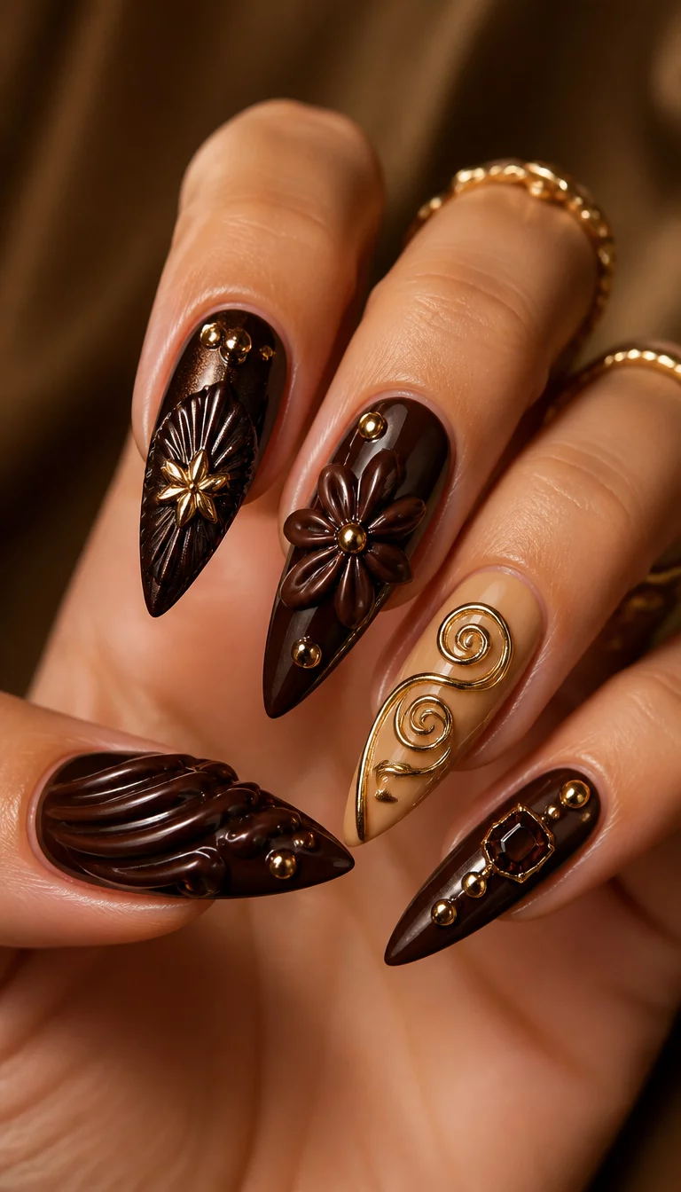 close-up shot of a woman’s hand with five fingers showing dark brown stiletto nails with 3D embellishments and a tan base nail with a metallic gold spiral accent, warm studio lighting.