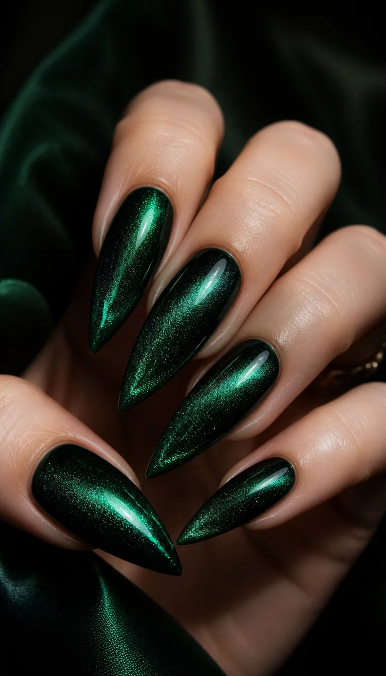 close-up shot of a woman’s hand with five fingers showing stiletto nails in a dark, shimmering emerald green with a deep magnetic gradient effect, moody lighting.
