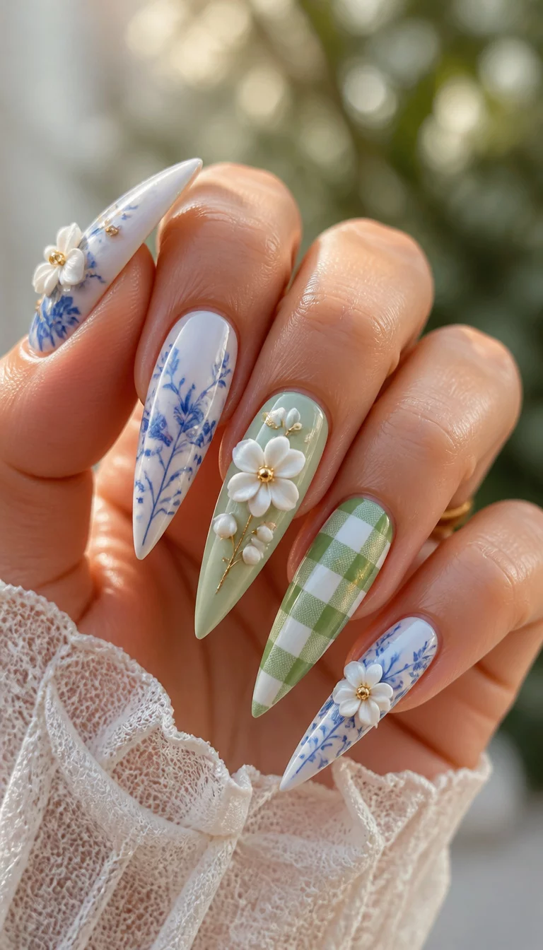 close-up shot of a woman’s hand with five fingers showing a mix of 3D floral embellishments, blue and white floral art, and a green checkered pattern on stiletto nails, soft sunlight background.
