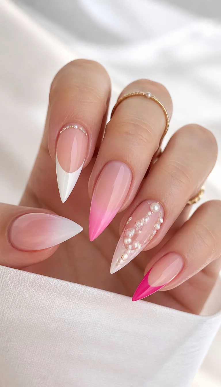 close-up shot of a woman’s hand with five fingers showing a mix of ombre designs, French tips with artistic pearl embellishments, and modern pink French tips on stiletto nails, soft bright background.