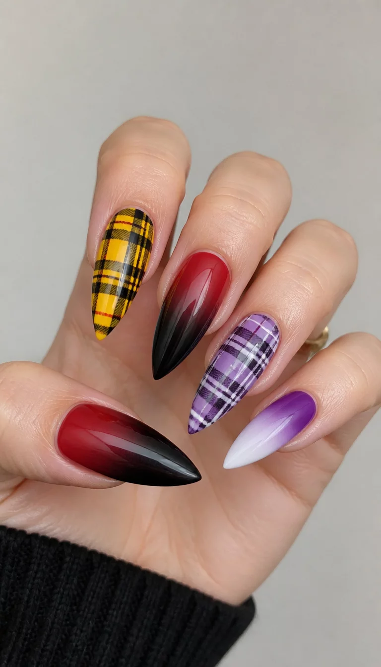 close-up shot of a woman’s hand with five fingers showing yellow plaid patterns and ombre stiletto nails in red/black and purple/white, minimalist background.