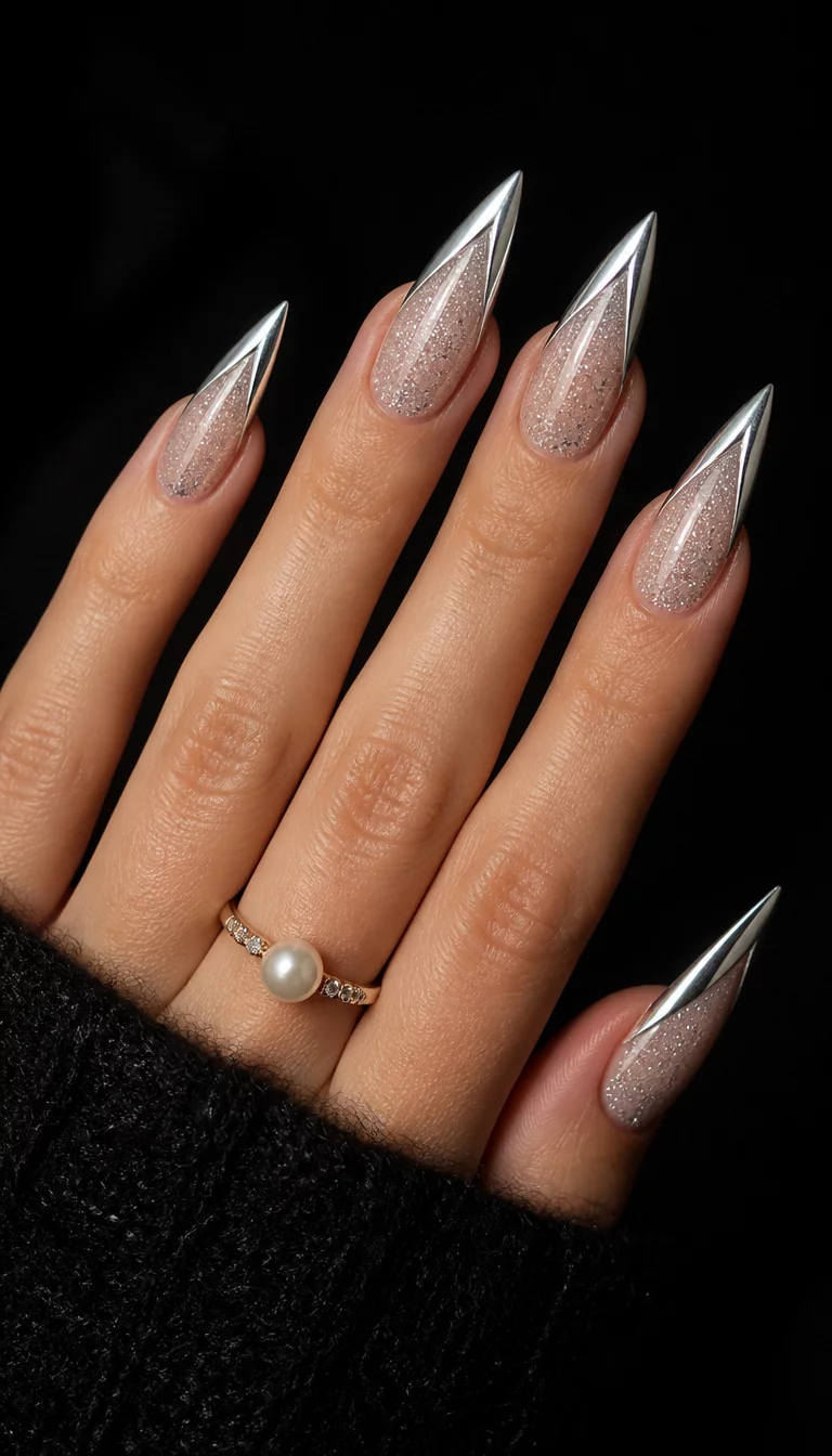 close-up shot of a woman’s hand with five fingers showing stiletto nails with a sheer glittery base and sharp metallic silver V-shaped tips, woman wearing a pearl ring, dark background.