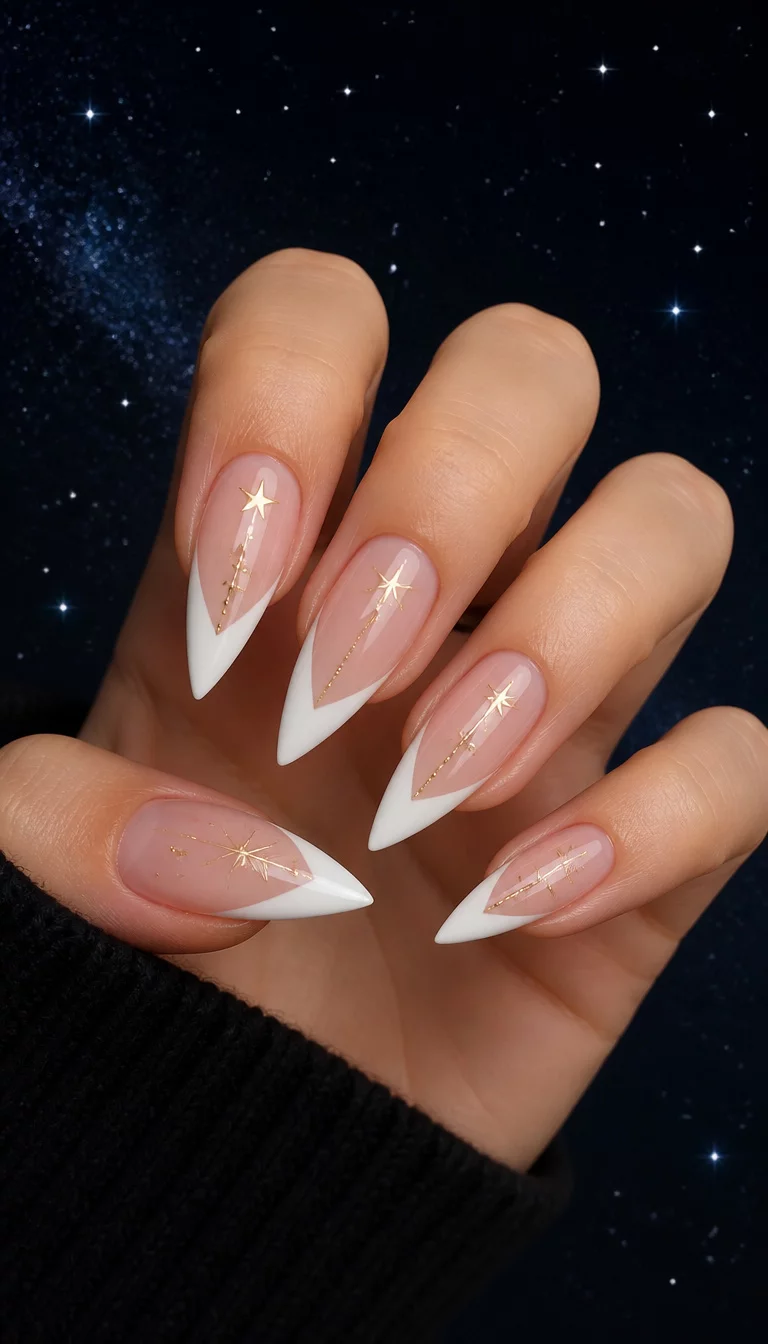 close-up shot of a woman’s hand with five fingers showing stiletto French tip nails with a white tip and subtle gold star accents and dot details, starry night background.