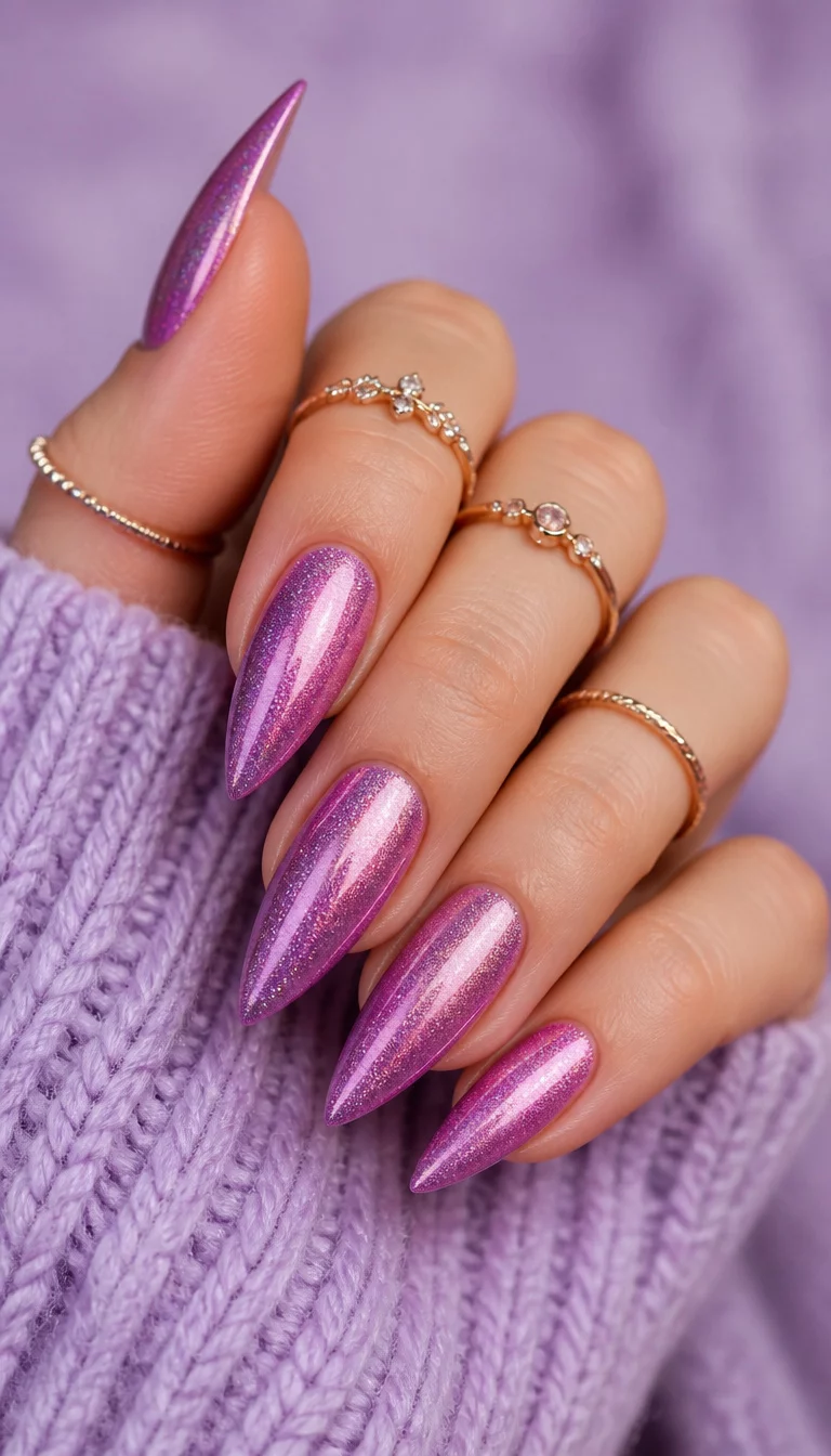close-up shot of a woman’s hand with five fingers showing stiletto nails in a shimmering pink-purple hue, adorned with delicate rings, against a soft lavender sweater background.