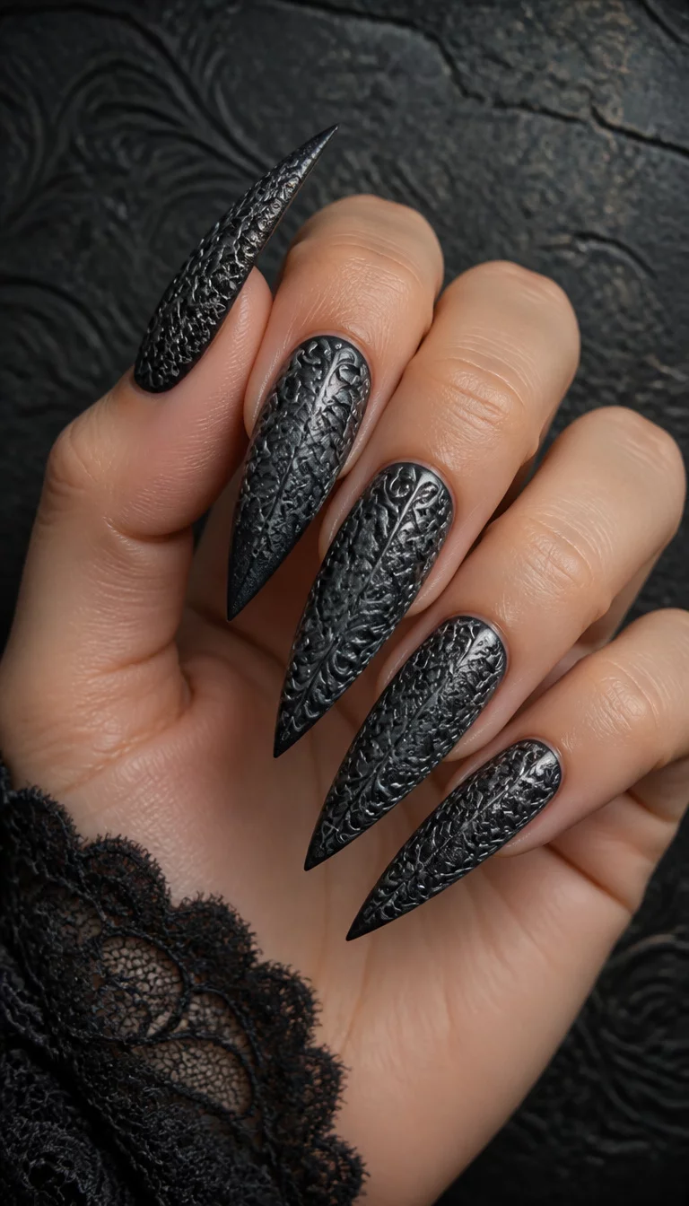 close-up shot of a woman’s hand with five fingers showing stiletto nails with intricate dark gray embossed swirls and lace patterns against a textured dark background.