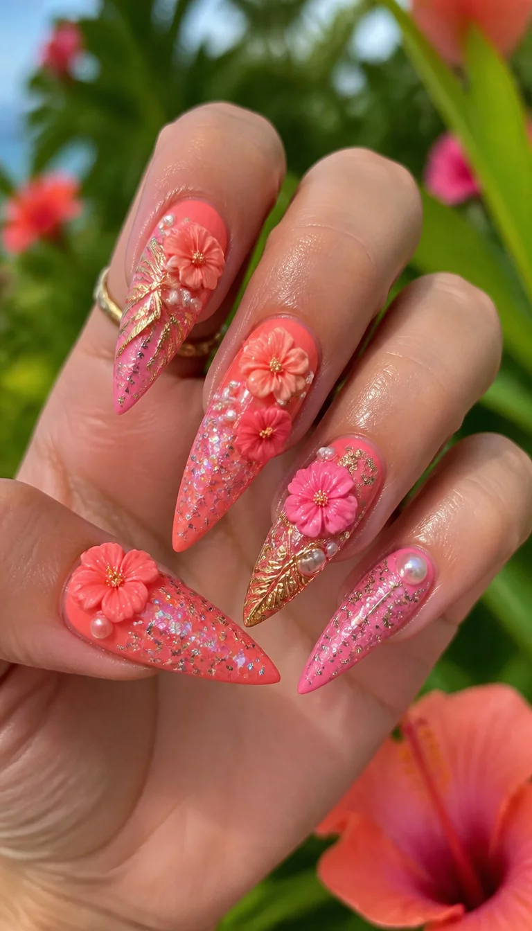 close-up shot of a woman’s hand with five fingers showing vibrant coral and pink stiletto nails featuring 3D floral embellishments, glitter accents, and pearl details, tropical garden background.