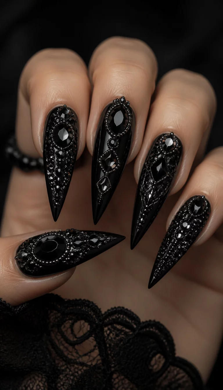 close-up shot of a woman’s hand with five fingers showing black stiletto nails with various rhinestone and gem embellishments, creating a captivating textured effect, dark aesthetic.