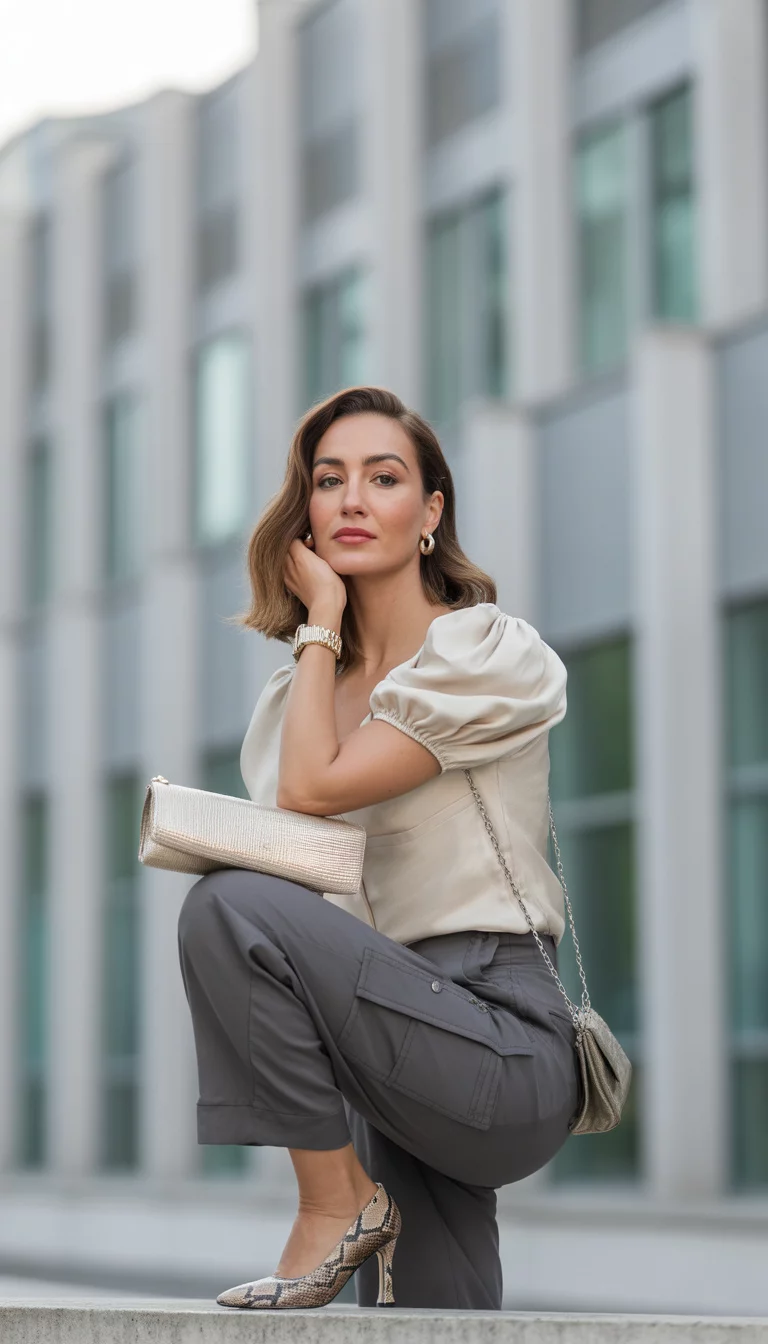 Cargo Pants And High Heels A beautiful 31-year-old woman in a cream puff sleeve top, dark grey cargo pants, snakeskin print heels, and a metallic clutch, carrying a small bag.