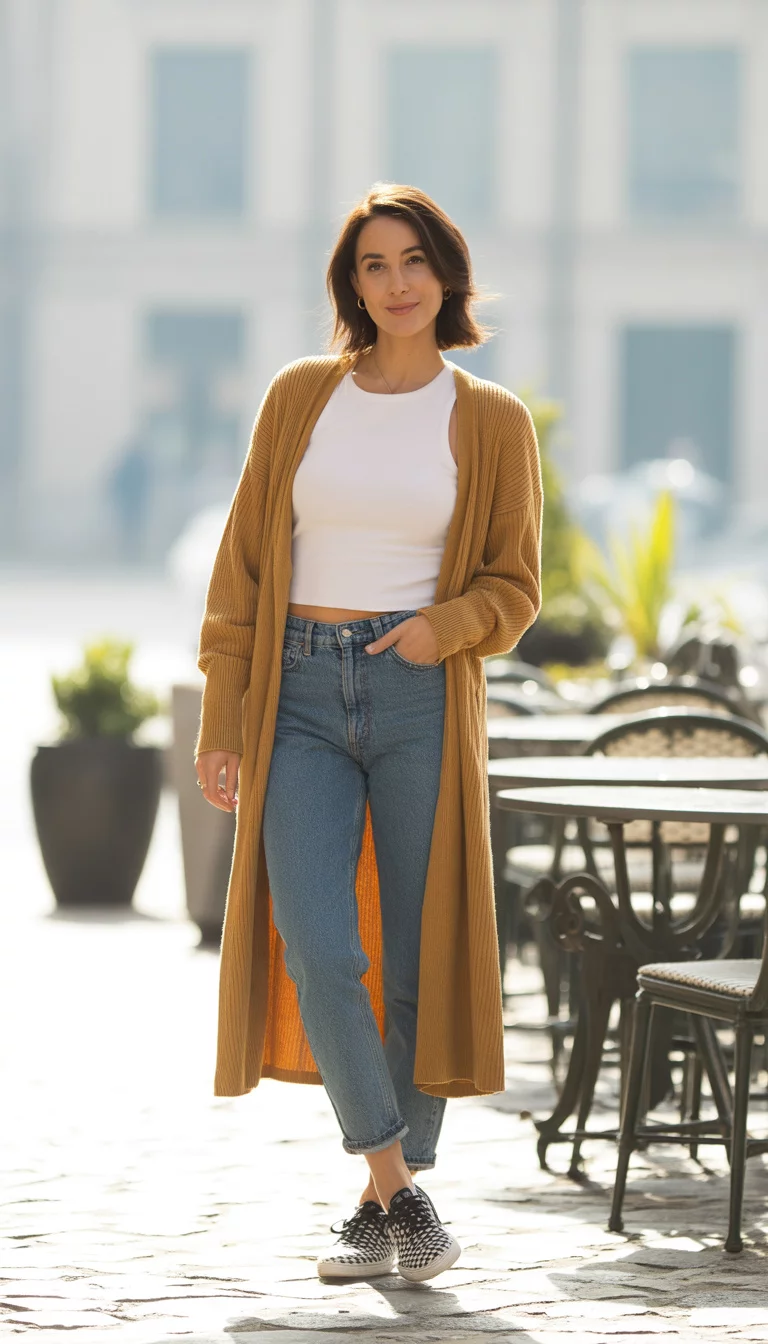 The Mustard Cardigan Vibe A beautiful 30-year-old woman in a long mustard colored ribbed cardigan over a white crop top and blue jeans, with black and white checkered sneakers.