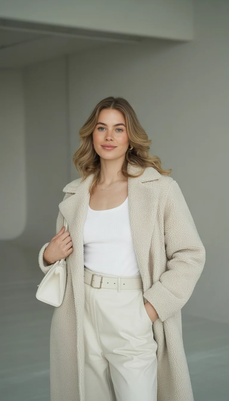 The Teddy Coat Texture A beautiful 33-year-old woman in a cream colored teddy coat over a white tank top and matching white pants, with a white belt and small white handbag.