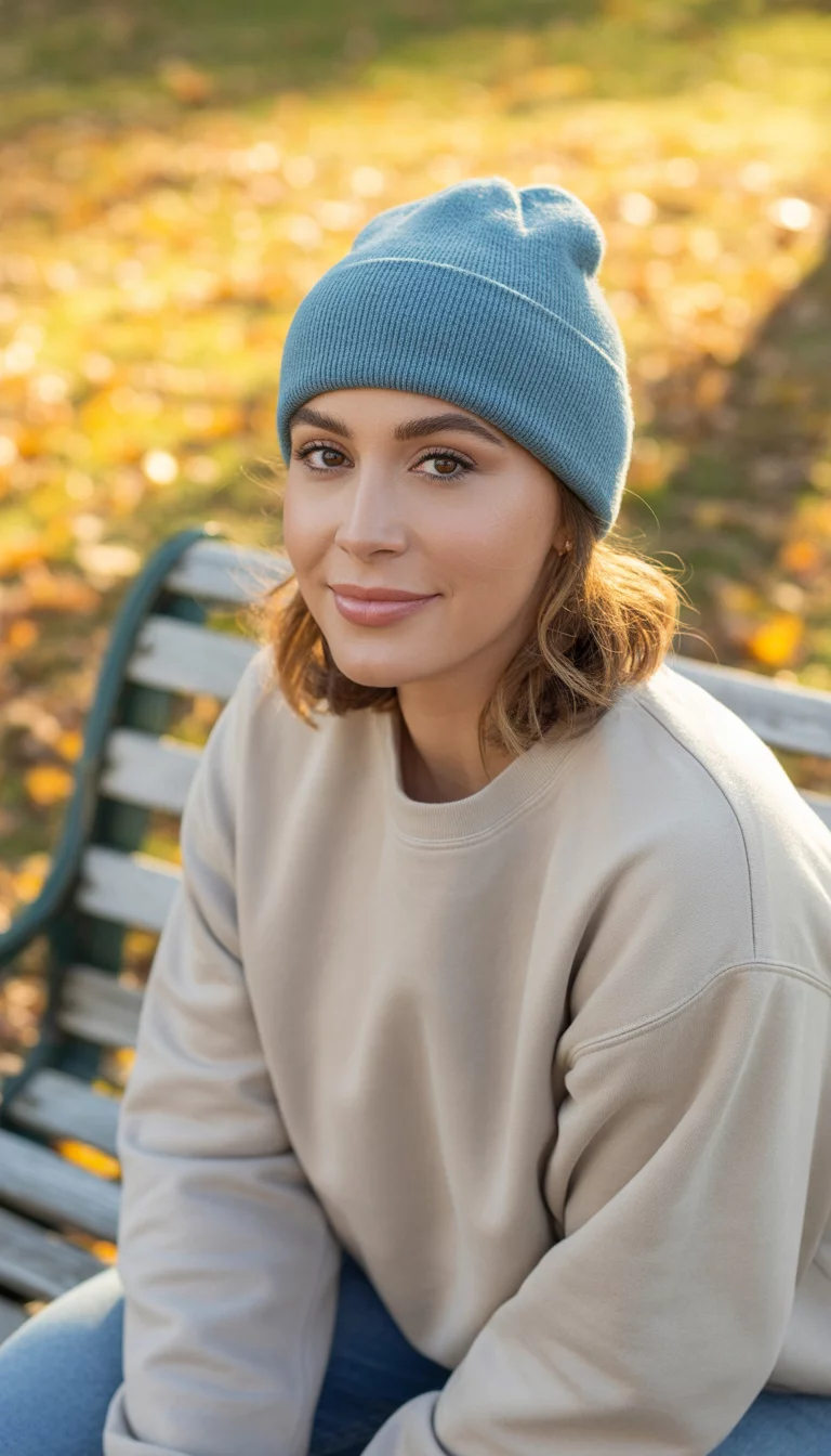 Cozy Winter Preview A beautiful 22-year-old woman in a light blue beanie and a cream colored sweatshirt, looking cozy and warm.