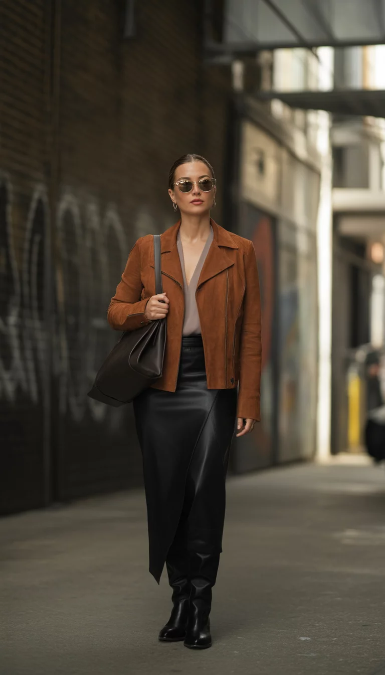 Suede And Asymmetry A beautiful 37-year-old woman in a brown suede jacket over a grey top, a black asymmetrical skirt, black boots, and a large shoulder bag, wearing sunglasses.