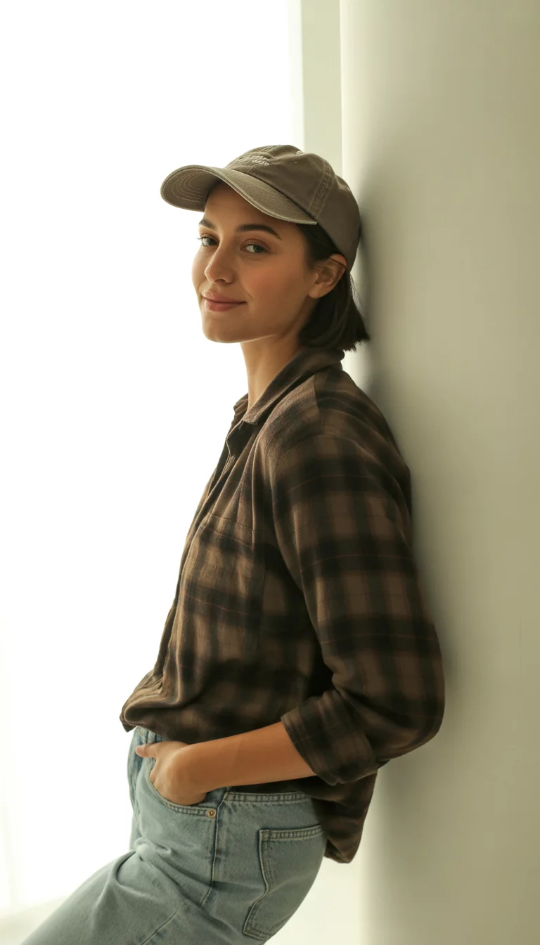 The Classic Plaid Influence A beautiful 26-year-old woman in a brown plaid shirt, light wash jeans, and a brown baseball cap posing against a white wall.
