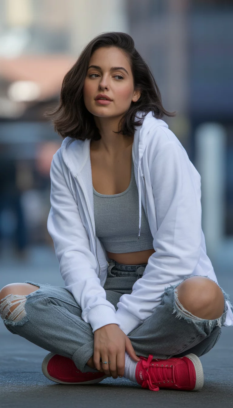 Sporty Street Chic A beautiful 21-year-old woman in a white zip up hoodie, grey crop top, grey ripped jeans, and red sneakers.