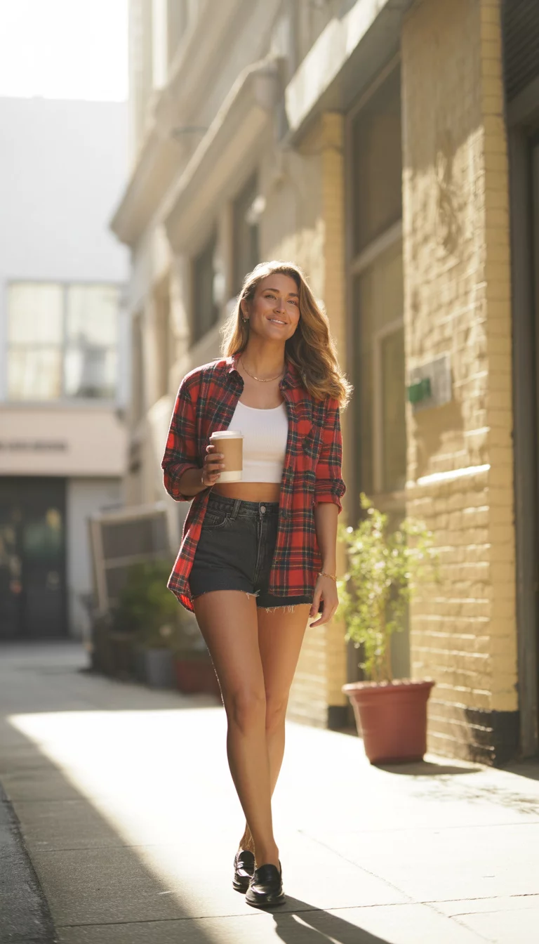 Loafers And Plaid A beautiful 28-year-old woman in a plaid shirt over a white crop top and dark shorts, with black loafers.