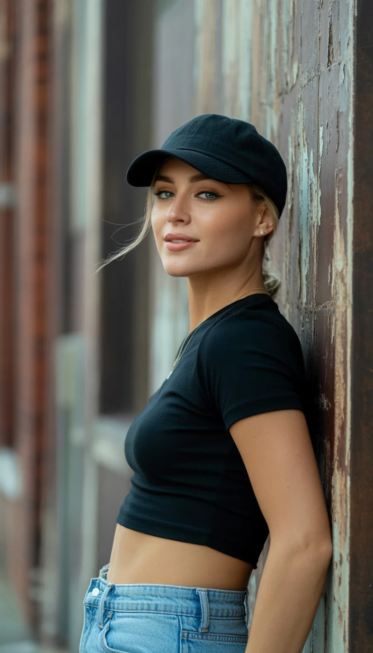 Effortless Minimalism A beautiful 24-year-old woman in a black crop top, light blue jeans, and a black baseball cap posing against a textured wall.