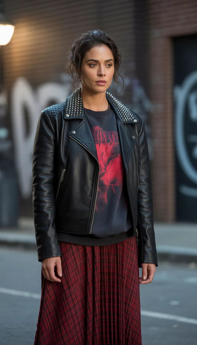 Edgy Punk Revival A beautiful 29-year-old woman in a black leather jacket over a dark sweatshirt with a red graphic, a spiked collar, and a long red plaid skirt.