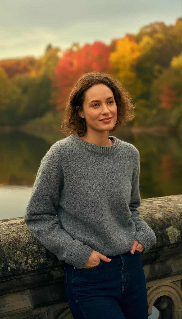 A beautiful 26-year-old woman in a grey knit sweater and blue jeans, standing on a bridge with fall colors in the background.