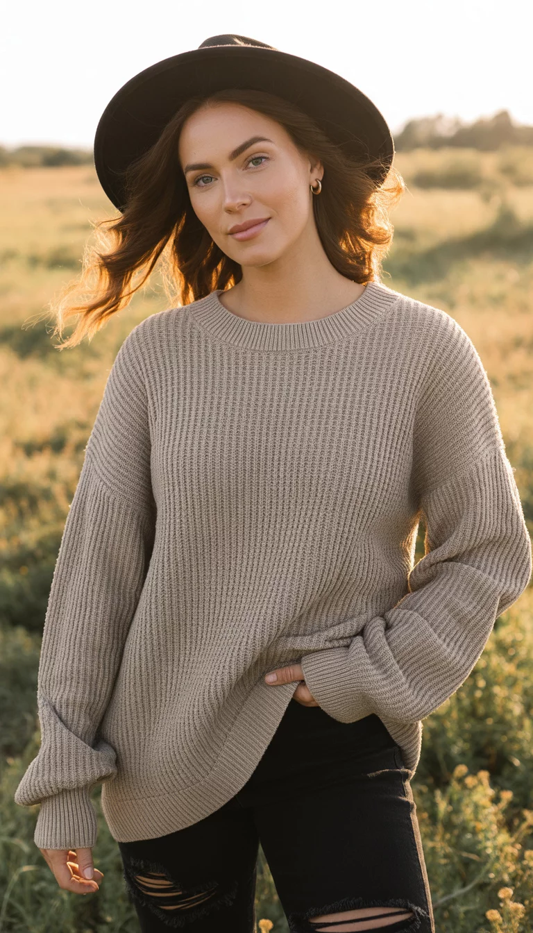 A beautiful 33-year-old woman in an oversized beige knit sweater, black ripped jeans, and a wide-brimmed black hat, posing outdoors.