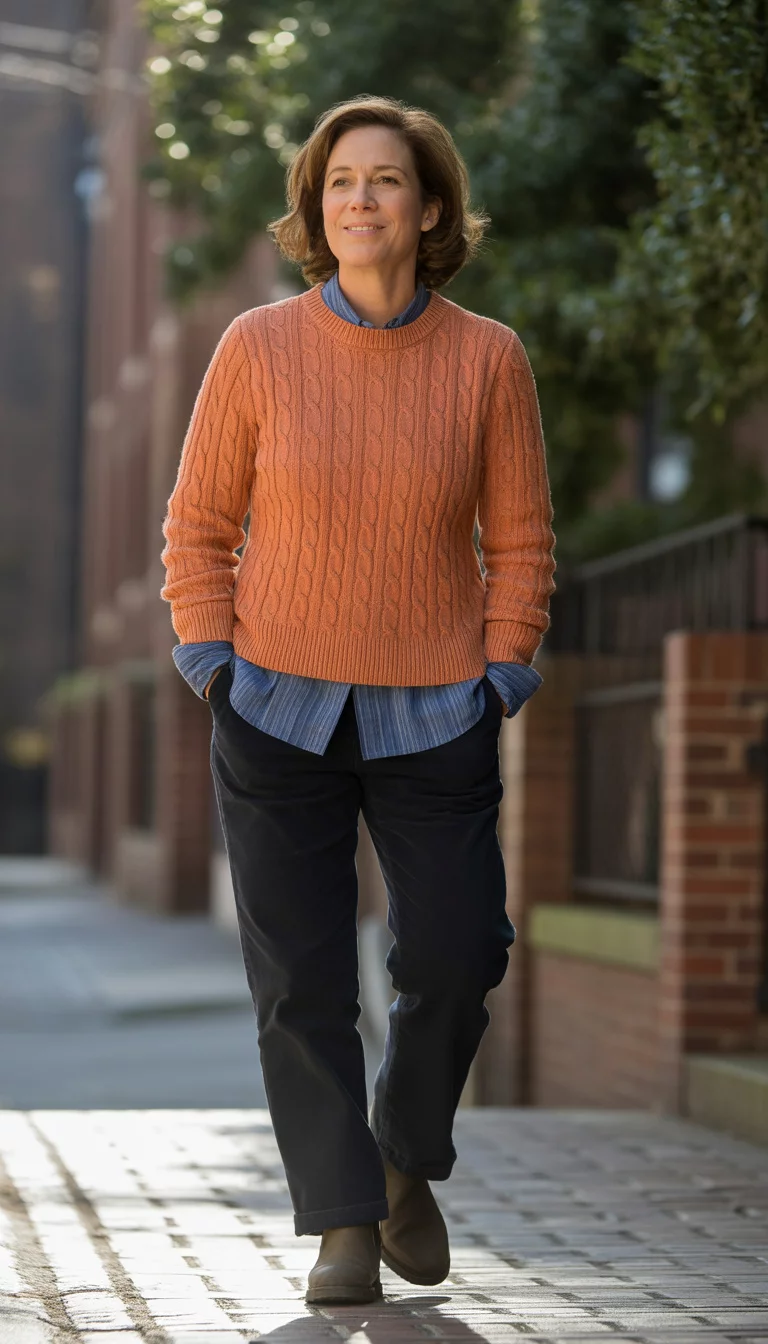 A beautiful 39-year-old woman in an orange cable-knit sweater worn over a blue striped shirt, dark pants, and brown boots, standing on a sidewalk.