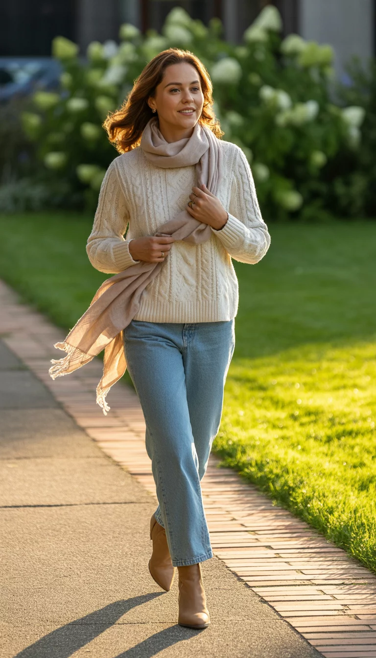 A beautiful 29-year-old woman in a cream cable-knit sweater, light blue jeans, and tan ankle boots, walking on a brick path.