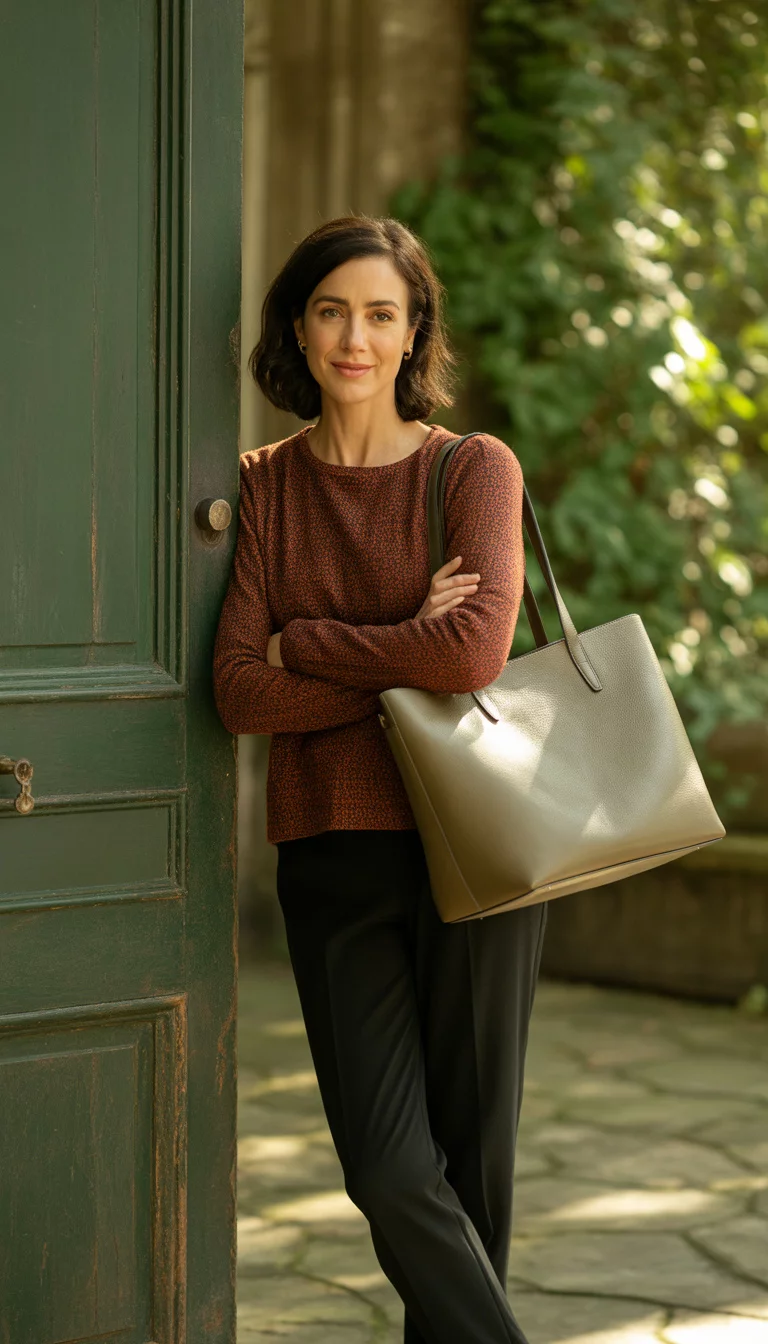 A beautiful 37-year-old woman in a textured rust-colored sweater, black pants, and a large designer tote bag, standing by a green door.