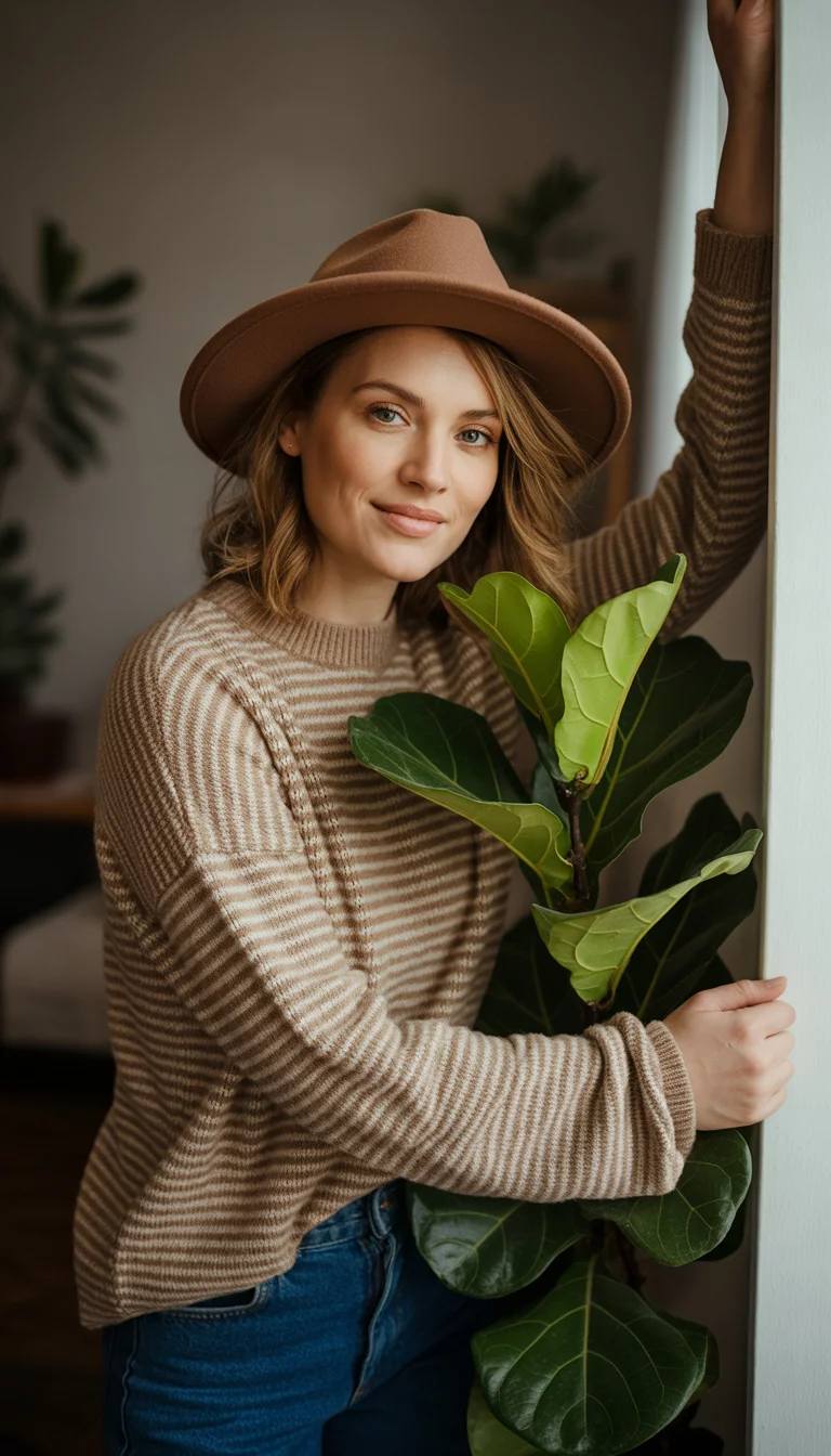 A beautiful 36-year-old woman in a brown striped knit sweater, dark blue jeans, and a brown fedora hat, standing indoors next to a potted plant.