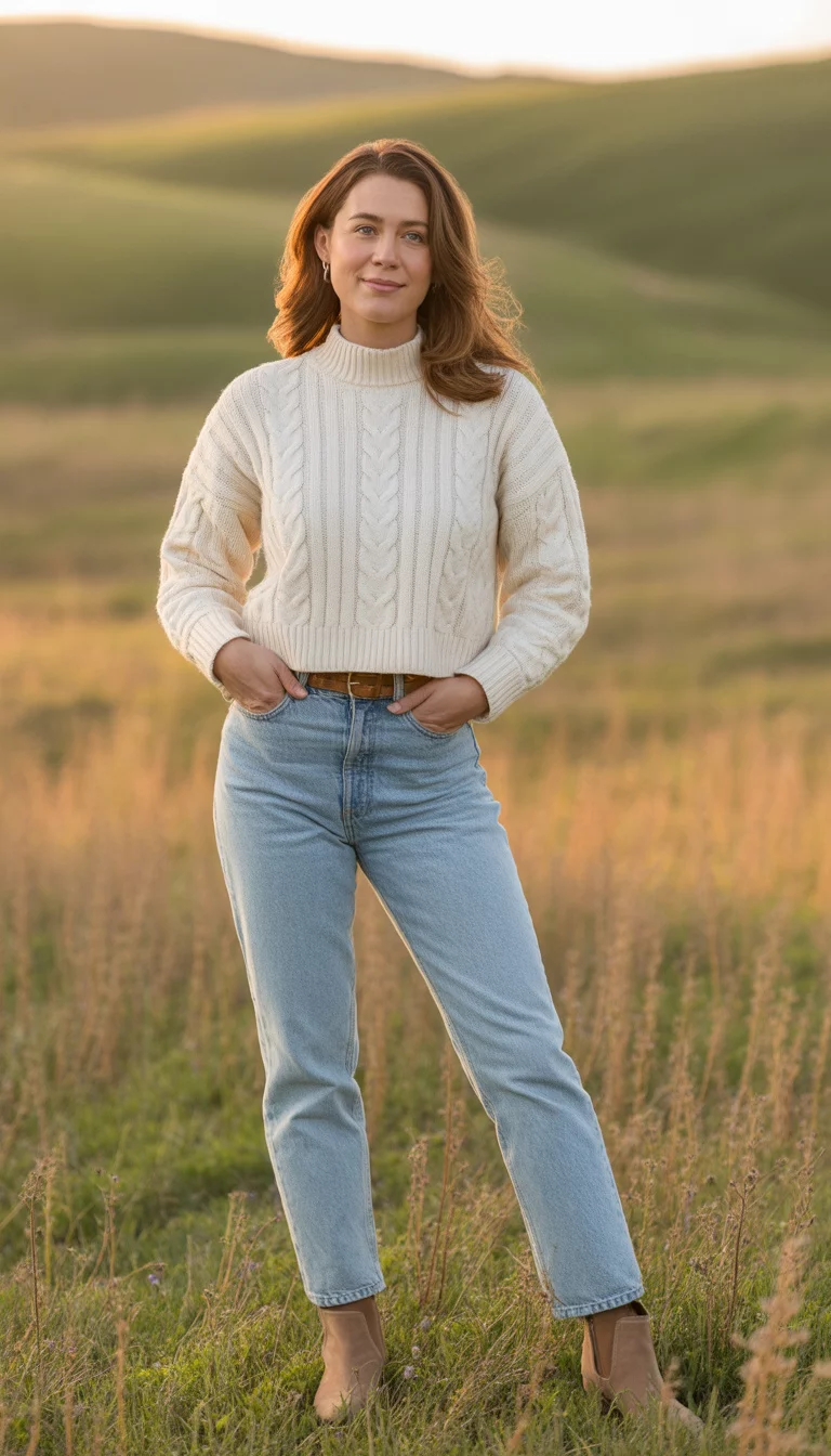 A beautiful 35-year-old woman in a cream cable-knit sweater, light wash blue jeans, and tan heeled boots, posing outdoors.