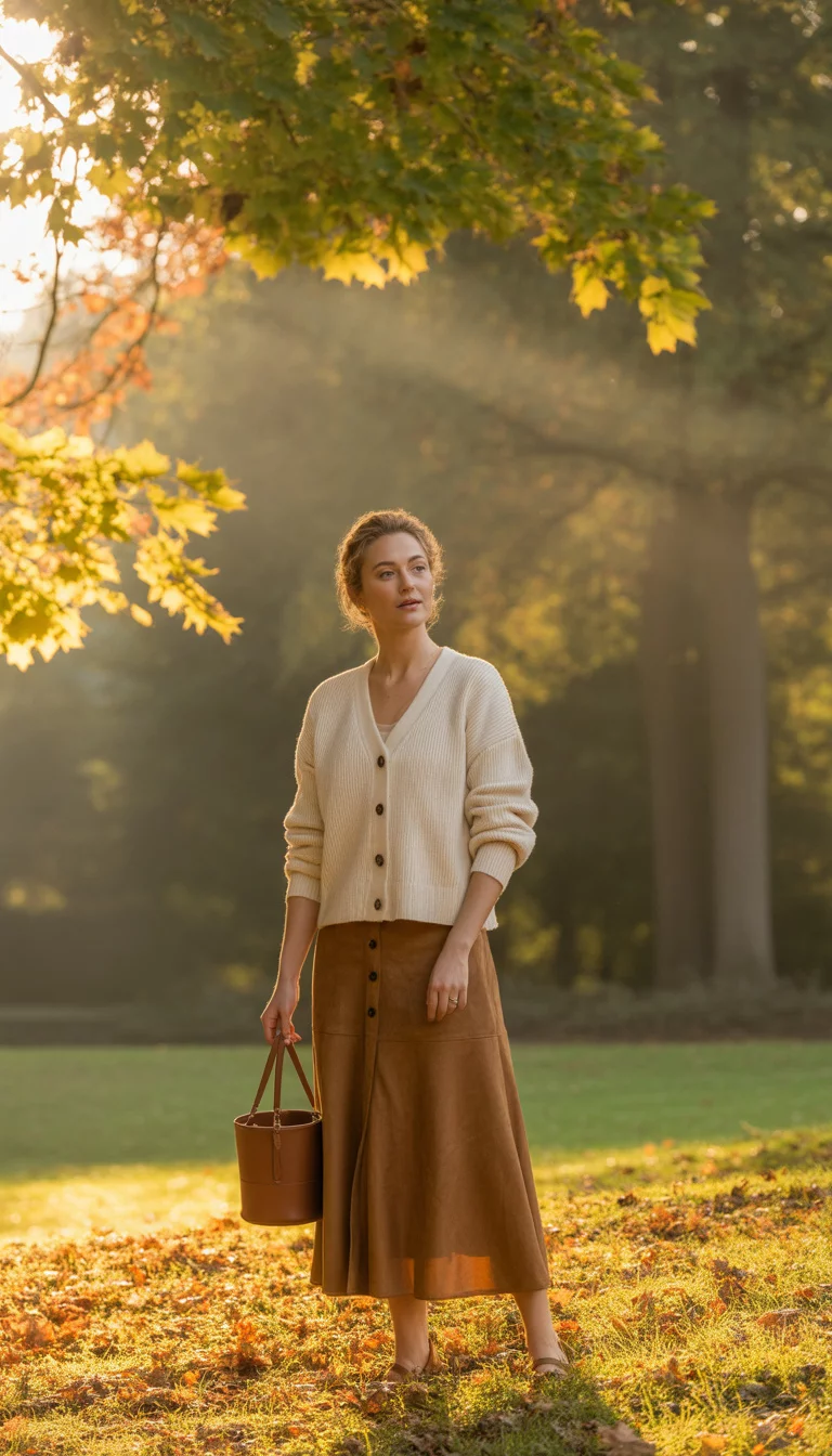 A beautiful 31-year-old woman in a cream button-up knit cardigan, brown suede skirt, and a brown bucket bag, standing in an autumnal setting.
