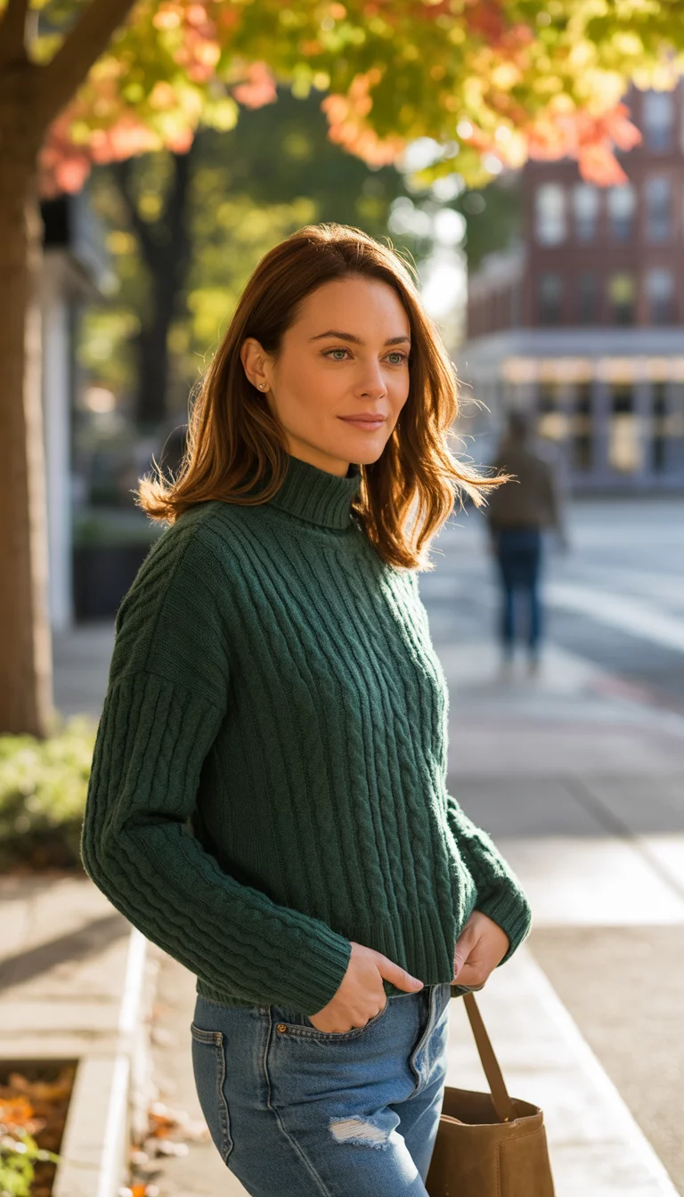 A beautiful 26-year-old woman in a green cable-knit turtleneck, blue ripped jeans, and tan ankle boots, standing on a sidewalk in autumn.
