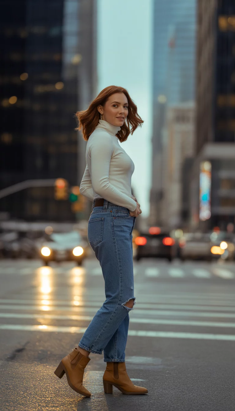 A beautiful 31-year-old woman in a cream turtleneck, blue ripped jeans, and tan ankle boots, standing on a city crosswalk with modern architecture.