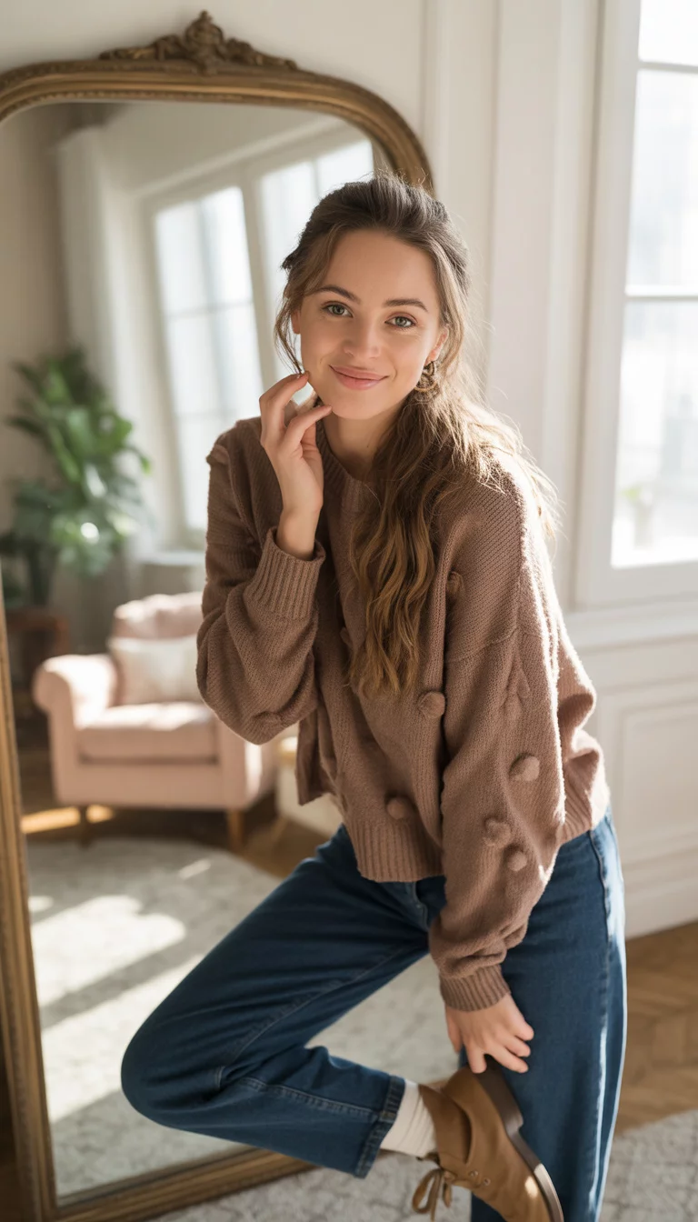 A beautiful 24-year-old woman in a brown pom-pom sweater, dark wash blue jeans, and tan booties, taking a mirror selfie at home.
