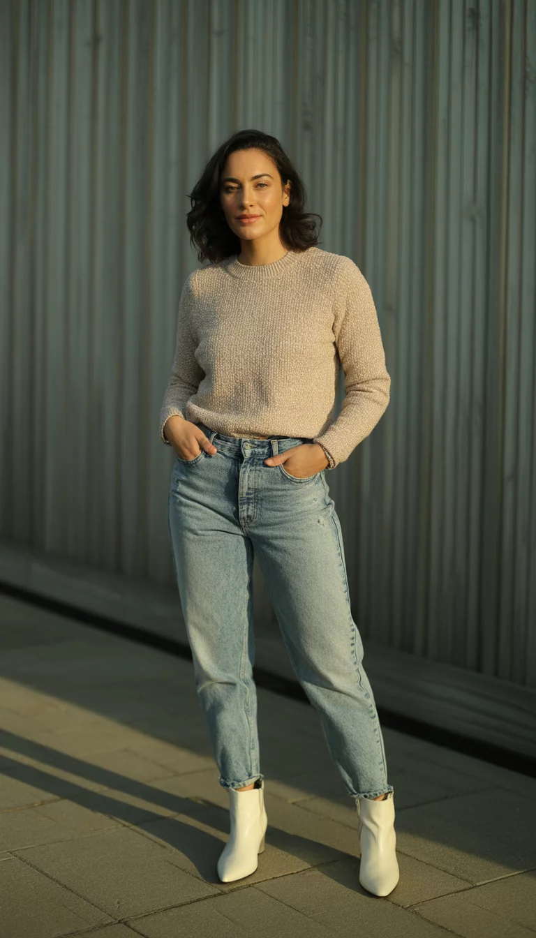 A beautiful 30-year-old woman in a textured beige sweater, distressed blue acid-wash jeans, and white pointed ankle boots.