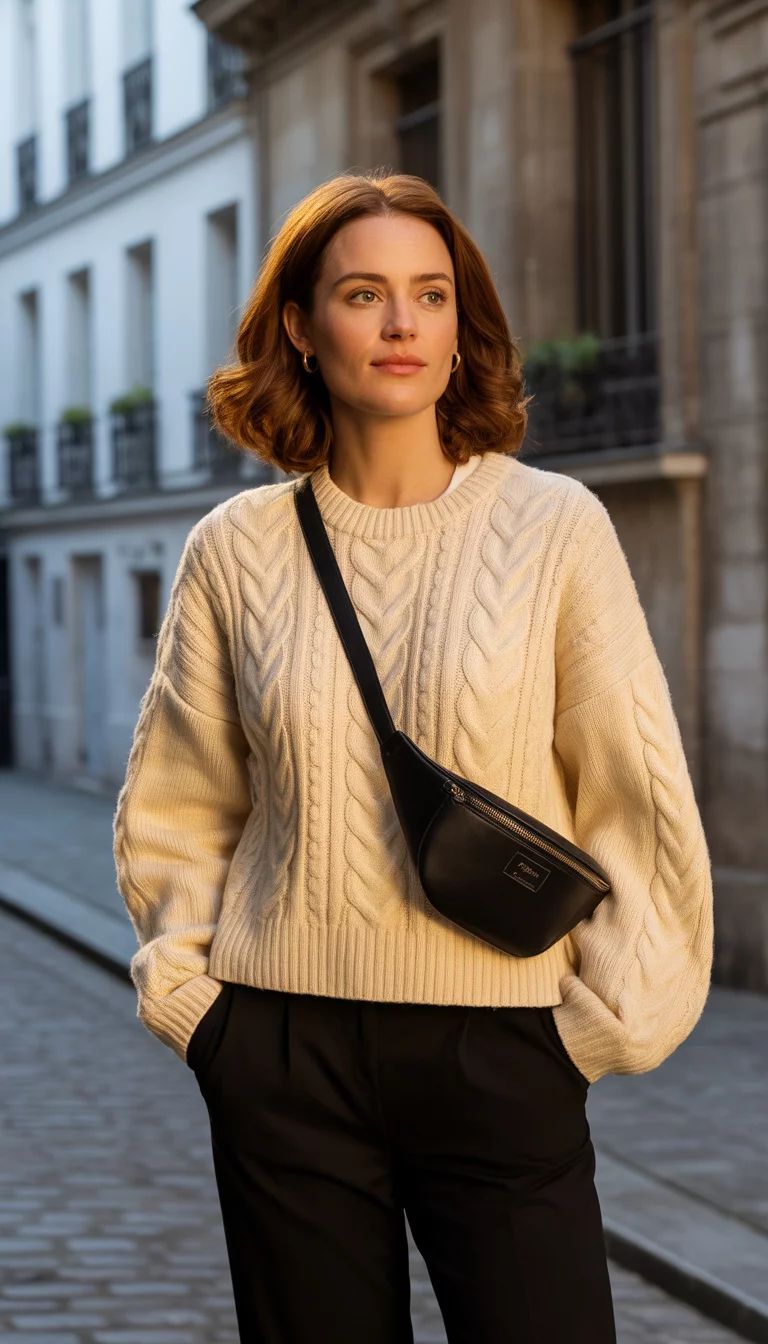 A beautiful 33-year-old woman in a large cream cable-knit sweater, black pants, and a black crossbody bag, standing on a cobblestone street.