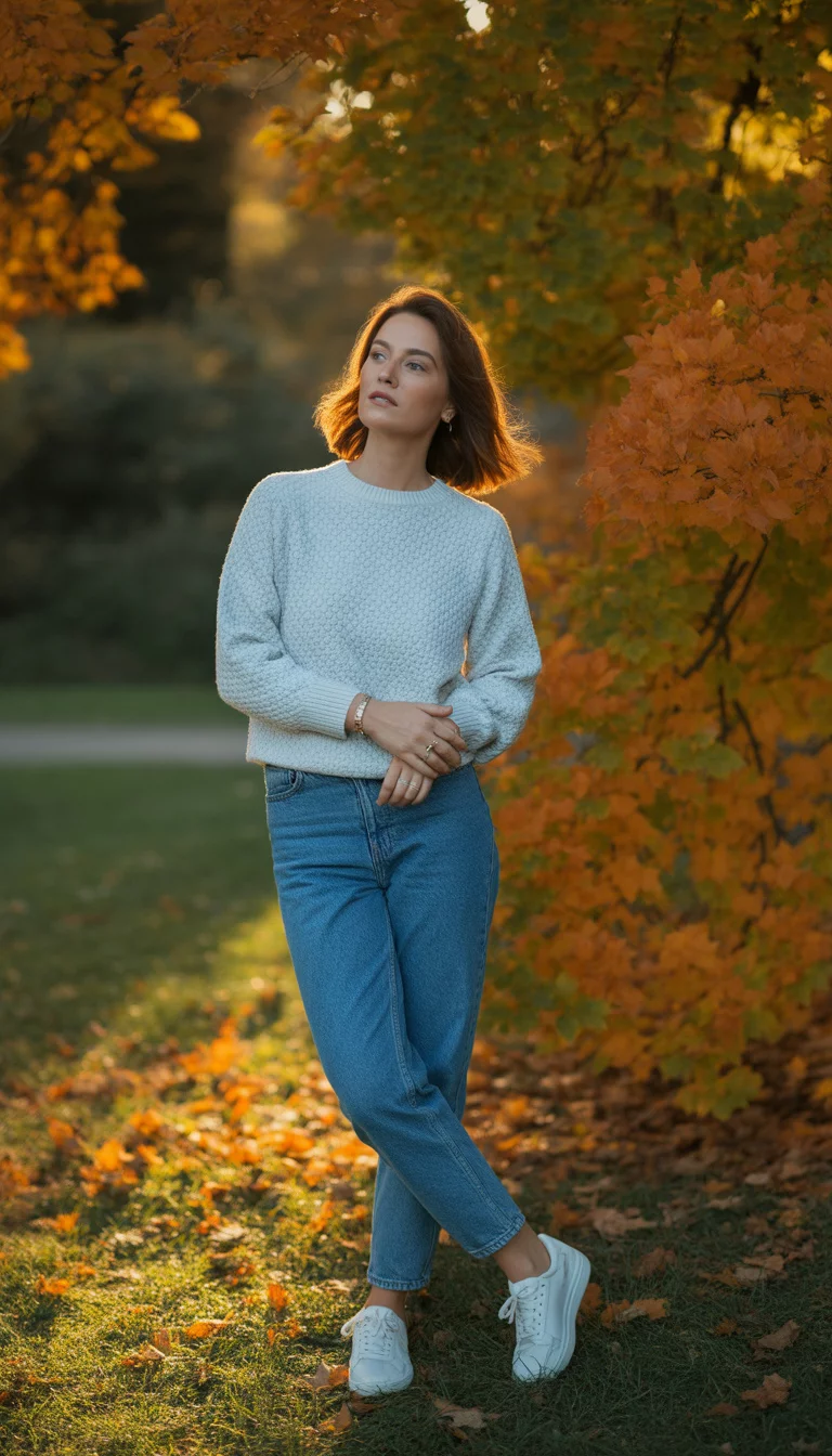 A beautiful 30-year-old woman in a light blue textured sweater, blue jeans, and white sneakers, standing in a park with autumnal foliage.