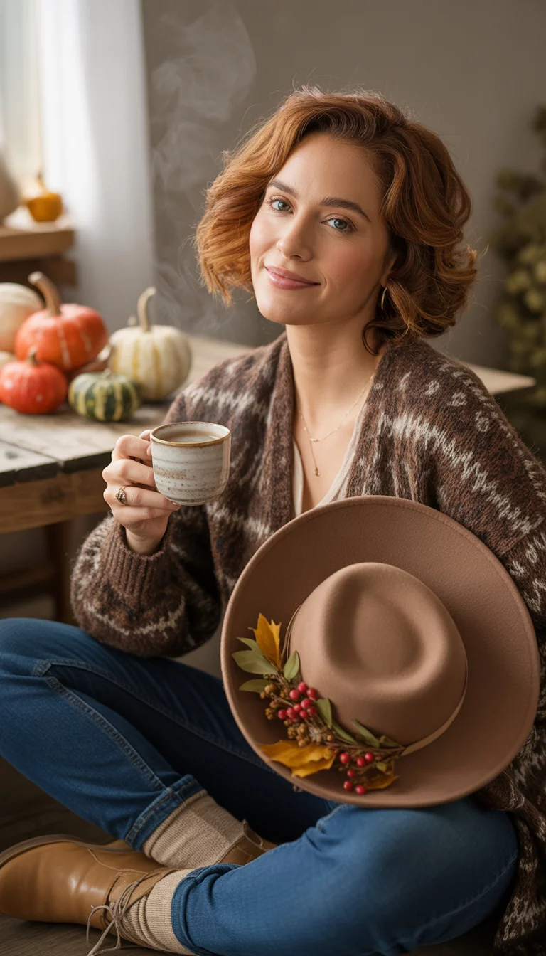 A beautiful 32-year-old woman in a brown patterned cardigan, blue jeans, and tan booties, holding a cup and a hat with fall decorations nearby.