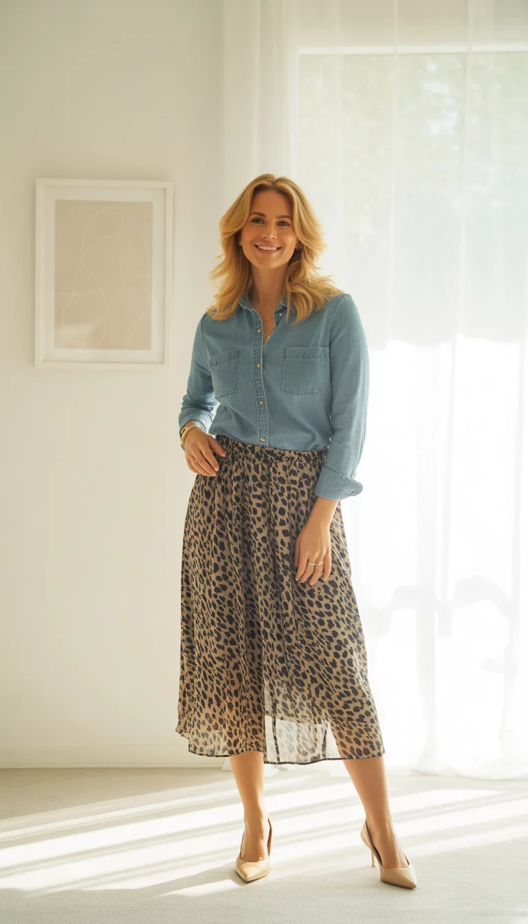 Chambray And Leopard Luxury A beautiful 39-year-old blonde woman in a light blue denim chambray shirt tucked into a leopard print midi skirt, and nude pointed-toe heels, posing in a brightly lit room.