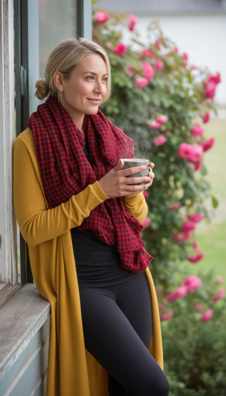 Mustard Cardigan And Plaid Scarf A beautiful 43-year-old blonde woman in a long mustard yellow cardigan, a black top, black leggings, and a large red and black checkered scarf, holding a coffee cup on a wooden porch.