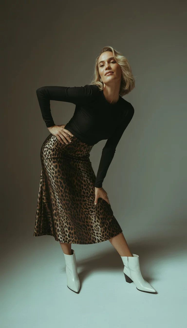 Multi Style Leopard Midi A beautiful 35-year-old woman in a leopard print midi skirt, a black long-sleeve bodysuit, and white pointed-toe ankle boots, shown in four different poses on a plain background.