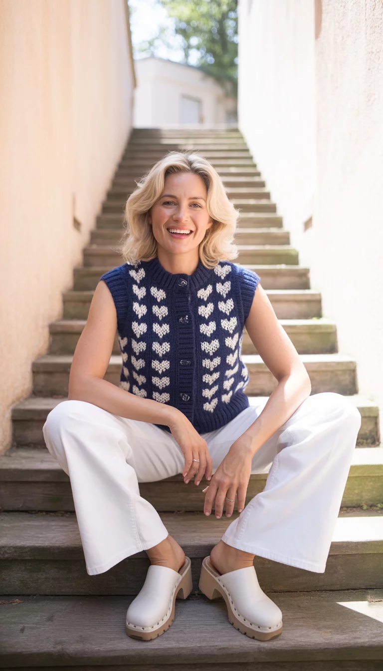 Heart Patterns And Chunky Clogs A beautiful 41-year-old blonde woman in a navy knit vest with white heart patterns, white wide-leg denim pants, and chunky white leather clogs, posing on a wooden staircase landing.